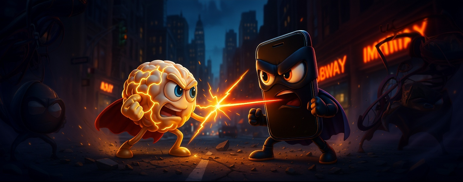 Comic poster of our hero The Unbreakable Brain fighting the super-villain Mr Smartphone.
